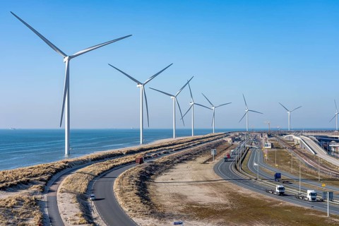 ENECO wind farm on the dike around the port of Maasvlakte 2, 22 wind turbines with an output of 116