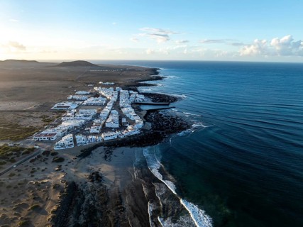 Caleta de Famara seaside location, aerial view, Lanzarote, Canary Islands, Spain