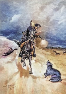 Russian Wolf mail courier is attacked by wolves and shoots at the animals with a pistol, coloured