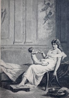In the morning, mother with her baby in the bedroom, 1890, Germany, digital reproduction of an