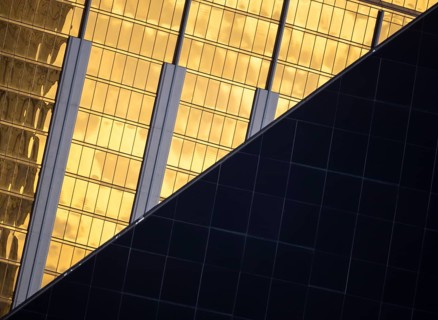 A visually striking composition of modern architecture in Las Vegas. The image features contrasting