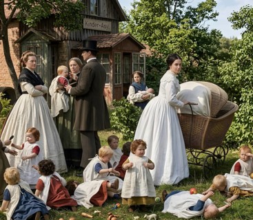 Employment center for young children, kindergarten since 1840, symbolic picture childcare,