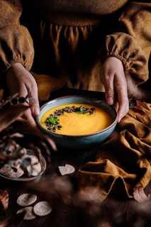 A warm autumn soup served in a ceramic bowl, garnished with seeds and herbs. The rich texture and