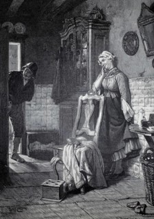 Hidden The daughter of the house hides behind the closet to tease her lover, 1890, illustration,
