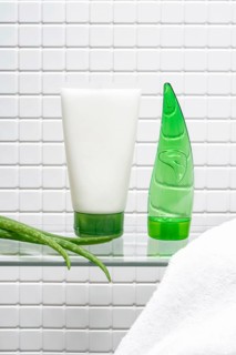 A refreshing display of a body care cream tube and a green aloe vera gel bottle, alongside a fresh