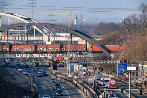 Traffic jam on the A43 motorway near Herne, heading north, in front of the barrier system, the