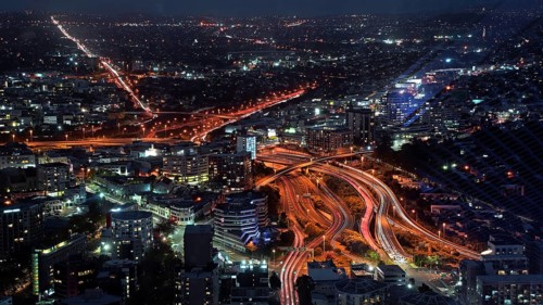 New Zealand, Auckland, view of the city from the Skytower, skyscraper, night shot, lighting,