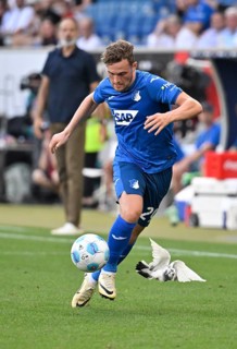 White pigeon on the pitch, grass, being harassed by Jacob Bruun Larsen TSG 1899 Hoffenheim (29)
