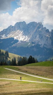 A serene scene in the district of Gruyere, showcasing a distant hiker in Jaun, with the rugged