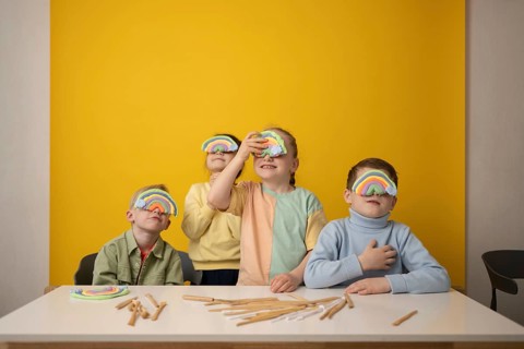 Children engage in a vibrant lesson, creatively using rainbow props to stimulate imagination and