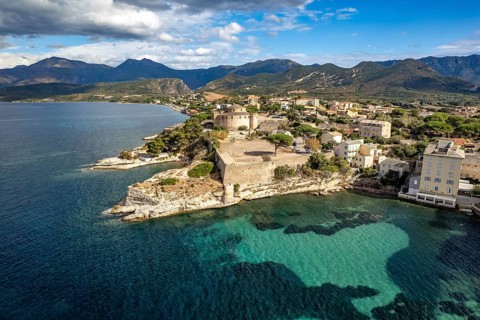 Old town and citadel of Saint-Florent seen from above, Corsica, France