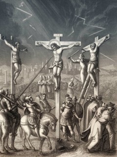 Crucifixion of Jesus, Mount Calvary, Jerusalem, New Testament, steel engraving 1853, digitally
