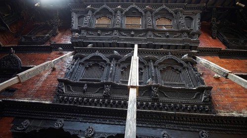 Detailed view of artfully carved facades, Kumari Ghar at Durbarsquare in Kathmandu with detailed