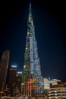 Night shot, illuminated advertising at the Burj Khalifa, Downtown, Dubai, United Arab Emirates