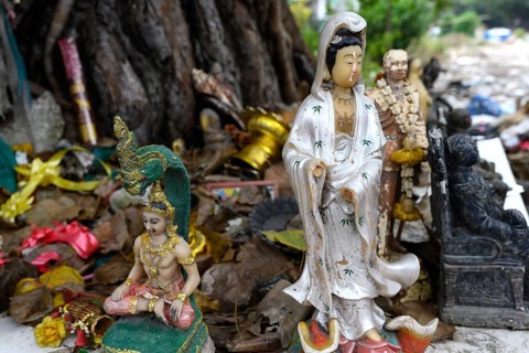 Bangkok, Thailand. February 19th 2025. Buddhist offerings under a tree in the Khlong Toei Market,