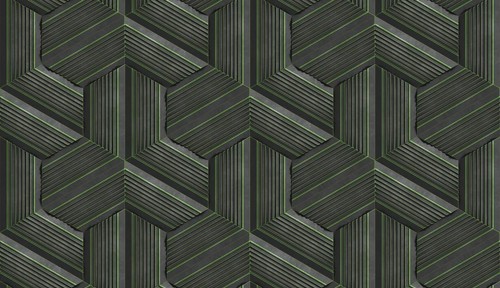 This 3D illustration showcases a mesmerizing hexagon stripes pattern with deep green tones. The