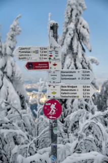 Signpost near the Hornisgrinde, snow, near Sasbach, Ortenaukreis, Black Forest, Baden-Württemberg,