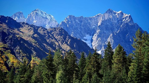 Majestic snow-capped mountain range behind green forests under blue sky, hiking to Chalaadi