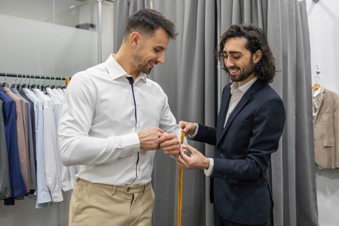 A tailor measures a customer for a custom suit in a suit store. The scene captures precision and