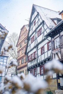 Traditional half-timbered houses covered in snow in a wintry setting, Sindelfingen, Germany