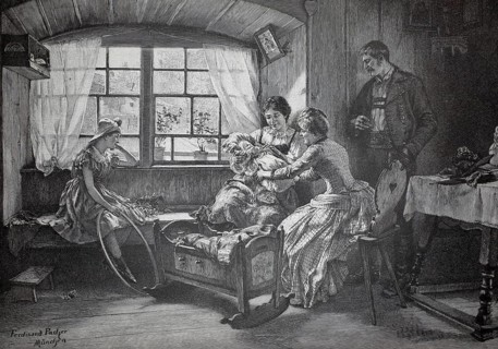 Visiting the mother with her newborn. The guests admire the baby they have lifted from the cradle,