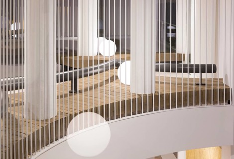 A modern club interior featuring sleek vertical white railings, wooden, and round white lights. The