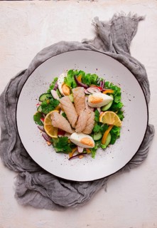 Salad of squid and vegetables, with egg, homemade, no people