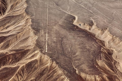 Dry, rocky landscape with line drawings captured from the air, the geoglyphs and drawings in the