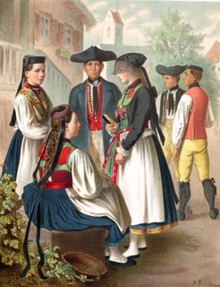 Traditional costumes in Germany around 1820, Württemberg, Betzingen, group of people in traditional