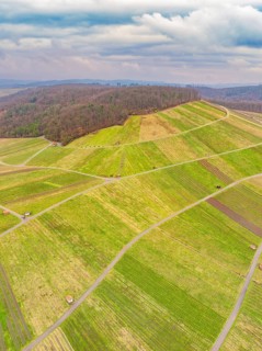 Aerial view of green fields and roads in hilly terrain under a cloudy sky, Großbottwar, Ludwigsburg