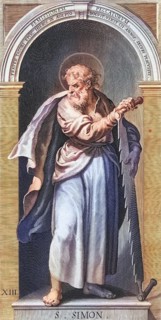 Simon Zelotes, was an apostle of Jesus Christ, saint, St. Simon, coloured woodcut, digital
