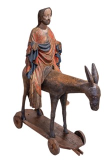 Palm tree donkey, wooden figure from around 1380, painted on a dark background, Hohenzollerisches