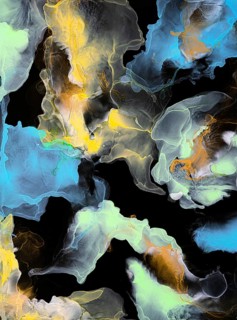 Vibrant swirls of neon blue, yellow, and green blend into organic shapes on a dark black