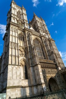 Towers and frontage of Westminster abbey church, Westminster, London, England, UK
