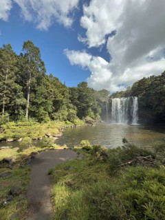 Rainbow Falls waterfall (Waianiwaniwa) amidst lush trees under blue sky with cloudy water,