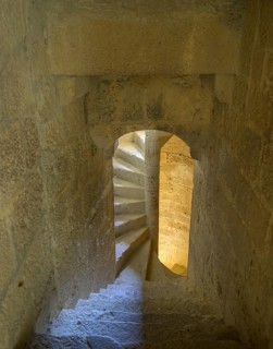Stone spiral staircase up to the tower in the Cathar castle of Quéribus, Cucugnan, Département