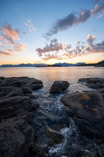 Rocky coast, coastal landscape at sunset, Henningsvær, Lofoten, Nordland, Norway