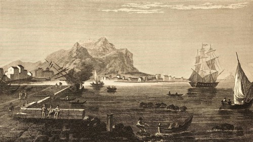 Messina, Sicily, Italy, busy shipping, three-master, mountains, pier, buildings on the shore,