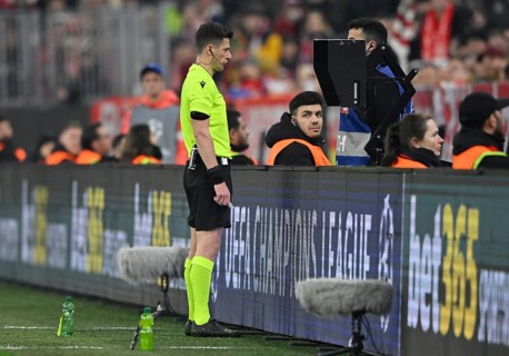Referee Benoit Bastien (FRA) on monitor VAR, video assistant referee, video evidence, video referee