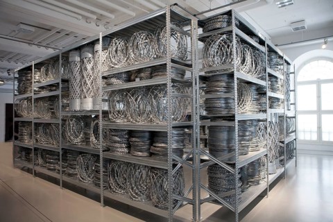 Fencing and steel shelves, Acropolis Redux, Stathis Logothetis, installation by the conceptual