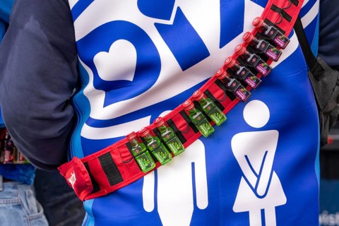 Rose Monday procession in Düsseldorf, parade costume, mobile toilet, Dixieklo, with schnapps belt,