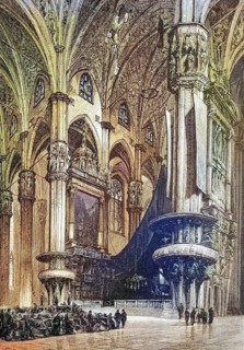 In the cathedral of Milano, Milan, Italy, coloured wood engraving, reproduction from a model from