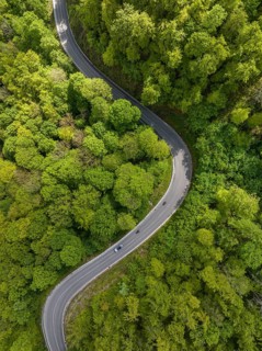 Winding country road through a forest, Swabian Alb in spring, drone photo, Gutenberg, Lenningen,