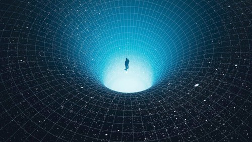 A man stands at the edge of a black hole, gazing into the depths of the universe, surrounded by