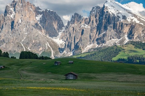 Charming wooden huts scattered across lush green meadows in Alpe di Siusi, with the dramatic peaks