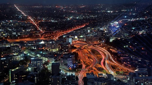 New Zealand, view from Sky Tower of Auckland at night, telecommunications tower, observation tower,