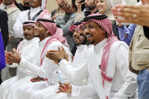 In Damascus, Syria on February 9, 2026, a Saudi folklore troupe performs the traditional Liwa dance