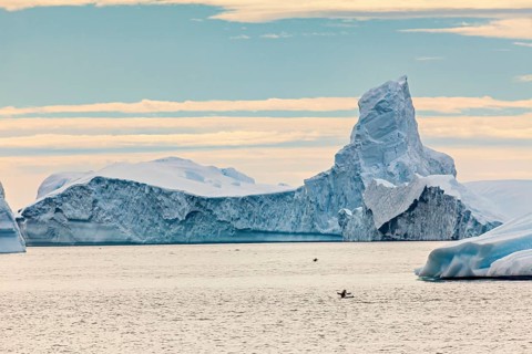 A large iceberg protrudes from the sea, a kayaker small below. The sky is cloudy, icebergs in the