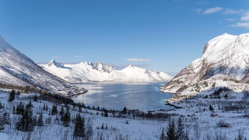 Snow-covered mountains surround a serene fjord under a clear blue sky in Mefjordbotn, Norway. The