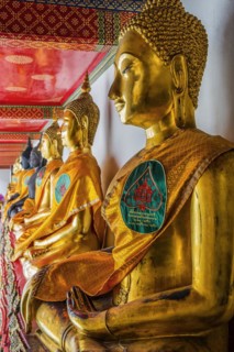 Historic Buddha statues at Wat Pho Temple, sitting, seated, Buddhism, religion, world religion,